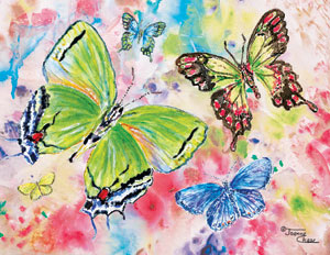 Green, purple, and yellow butterflies