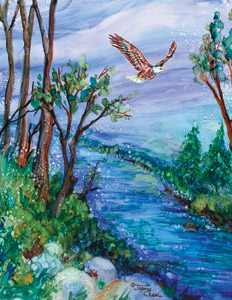 Eagle flying over wooded stream