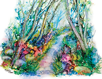 Path through forest with rainbow flowers and white trees