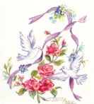 Doves with ribbons and rose branch